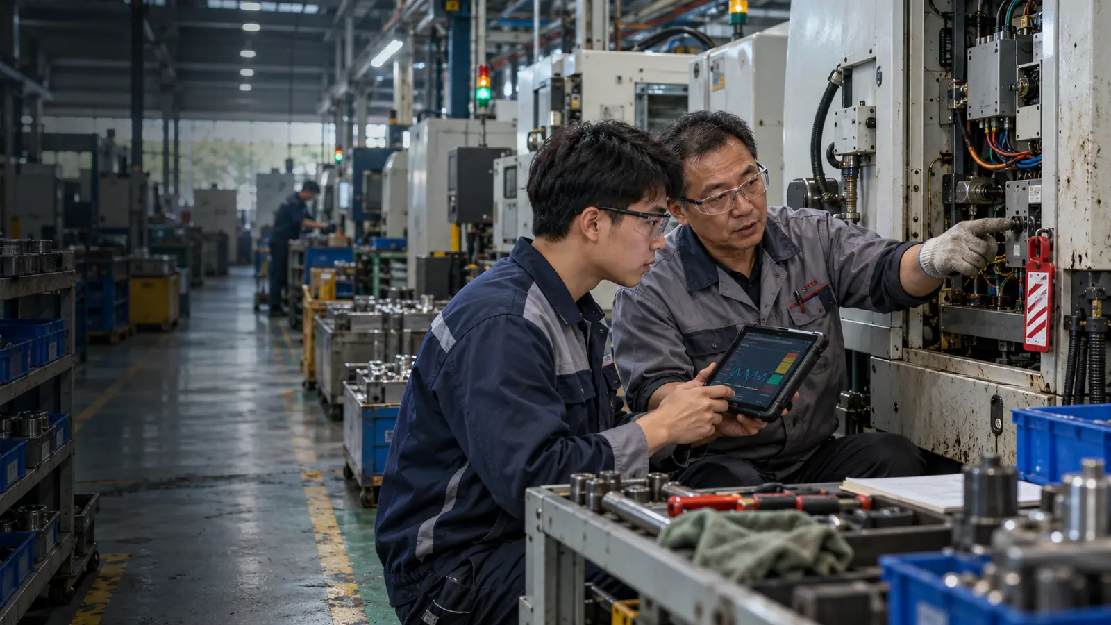 资深维护工程师与年轻技术员在真实生产设备旁共同核对故障和维护数据